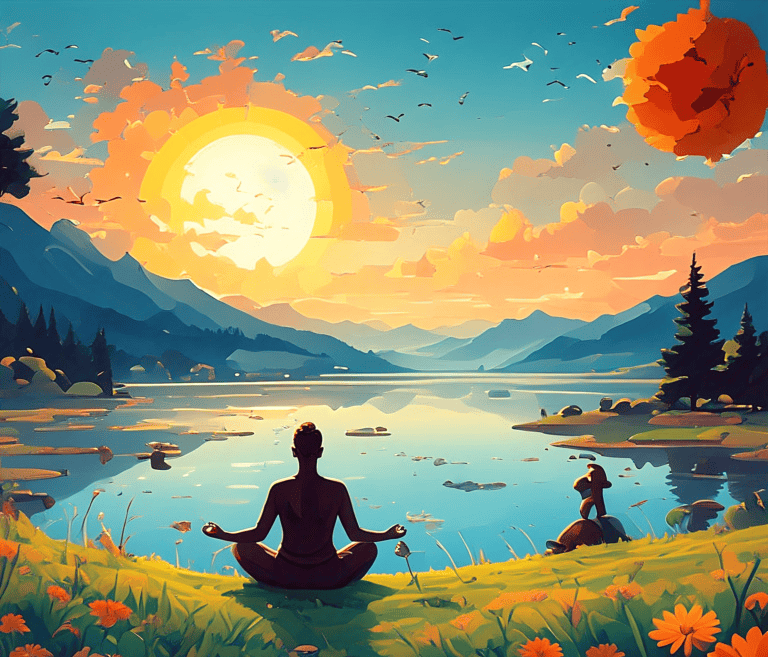 A serene landscape with a person meditating in the distance